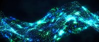 Abstract flowing wave of glowing cyan and blue particles on dark background, representing digital data stream, technology innovation, or network connectivity for tech and science applications.