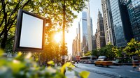 Blank billboard mockup on urban street with skyscrapers, sunset light, and yellow taxi in motion blur. Modern cityscape with advertising space and flowers.