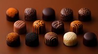 Luxury chocolate truffles and pralines with various decorative patterns and toppings arranged on brown background, gourmet confectionery assortment for special occasions.