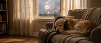 Golden retriever wearing a cowboy hat rests on a striped armchair in a warm, sunlit living room with curtains and framed artwork for home decor and pet lifestyle content.