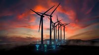 Wind turbines with digital connectivity icons at sunset showcasing renewable energy and smart grid technology for sustainable power generation.