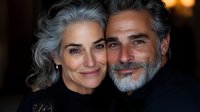 Mature Caucasian couple with gray hair sharing intimate moment, close-up portrait showing genuine smiles and natural aging. Dark background creates romantic mood.