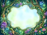Enchanted forest frame with magical mushrooms and glowing plants creating mystical border for fairy tale designs and fantasy storytelling projects.