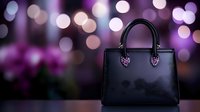 Black leather handbag with purple accents against blurred bokeh lights background for luxury fashion and accessories marketing campaigns.