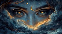 Mystical eyes with golden crescent moon and glowing clouds at night, stars scattered across dark sky, fantasy art with ethereal atmosphere and cosmic elements.