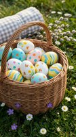 Colorful decorated Easter eggs in wicker basket on spring grass with daisies and checkered blanket for holiday celebration and seasonal festivities.