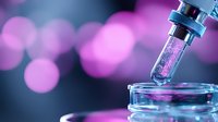 Laboratory pipette dispensing pink liquid into glass petri dish with purple bokeh background for scientific research and medical testing applications.