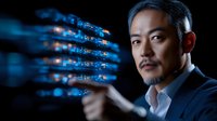 Asian businessman in dark suit examining glowing blue digital data streams, dramatic lighting creates futuristic atmosphere for technology and innovation concepts.
