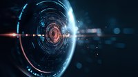 Futuristic circular hologram interface with glowing blue and orange light effects against dark background, creating sci-fi technology visualization.