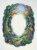 Enchanted forest frame with fairy tale cottage, mushrooms and winding path under crescent moon. Magical woodland border for storytelling and fantasy designs.