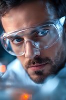 Middle Eastern scientist wearing protective eyewear in laboratory setting with dramatic lighting and bokeh effects, focused expression shows dedication to research.