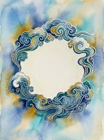 Watercolor circular frame with Asian clouds in blue and gold tones, empty center for text, traditional oriental decorative border on textured background.