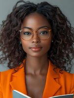 Young African American businesswoman with curly hair and glasses wearing bright orange blazer looking confidently at camera against neutral background.