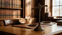 Vintage brass scales of justice on wooden desk in traditional law office with leather-bound legal books and warm natural lighting creating professional atmosphere.