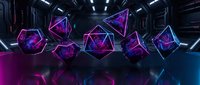 Neon glowing geometric polyhedrons floating in dark futuristic space with purple and blue light reflections on glossy surface for sci-fi design projects.