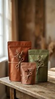 Eco-friendly kraft paper pouches with dried herbs and twine ties on rustic wooden table. Sustainable packaging for organic tea, spices, and natural products.