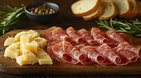 Gourmet charcuterie board with sliced prosciutto, cubed parmesan cheese, fresh rosemary sprigs, colorful peppercorns, and crusty bread slices on wooden serving platter.