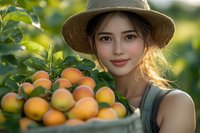 Young Asian woman farmer in straw hat harvesting fresh oranges in sunlit orchard, smiling while gathering ripe citrus fruits during golden hour.