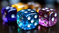 Colorful translucent dice with white dots arranged in row, showing vibrant blue, purple, and golden colors with sparkle effect and blurred background for gaming design.