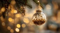 Elegant glass Christmas ornament with gold glitter hanging from pine branch against soft bokeh lights background for holiday decor.
