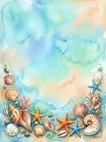 Watercolor ocean frame with seashells, starfish, coral and sand dollars on turquoise blue background for summer beach themed designs and coastal decor projects.