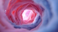 Abstract tunnel view with glowing pink light at end, surrounded by soft textured walls in coral and blue gradient colors creating ethereal atmospheric effect.