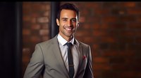 Confident Hispanic businessman in gray suit and tie smiling at camera against brick wall background. Professional corporate portrait showing success and leadership.