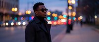 Young Black male wearing dark sunglasses and black coat standing on urban street at dusk with blurred city lights and buildings in background. Suitable for lifestyle, fashion, and urban themes.