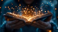 Open book emitting magical golden light and sparkles held in hands against dark blue background, glowing particles rising from pages creating mystical reading atmosphere.