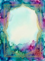 Ornate golden frame with watercolor wash background in turquoise, purple, and pink tones. Isolated design element ready for invitations, cards, posters, and digital projects.