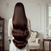 Woman with long healthy brown hair in white dress standing in elegant interior room for beauty and haircare concepts.