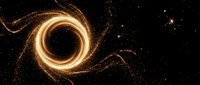 Golden energy portal with swirling light trails and sparkling particles on black background for sci-fi and fantasy designs.