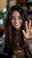 Young woman with long wavy dark hair and warm smile waving at camera while holding two tabby cats indoors. Perfect for pet adoption, animal care, and lifestyle content.
