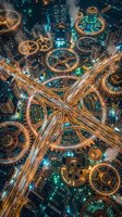 Aerial view of illuminated highway interchange at night with glowing gears overlaid on urban cityscape, symbolizing industrial progress, technology, and interconnected infrastructure systems.