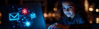 Young woman illuminated by blue light from laptop screen with glowing email icons and bokeh effects at night, creating cybersecurity or digital communication concept.