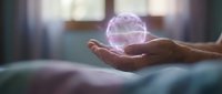 Glowing transparent sphere floating above open palm in soft light creating magical atmosphere for technology and innovation concepts.