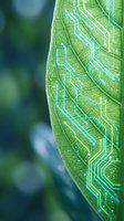 Green leaf with digital circuit pattern overlay representing technology and nature fusion for eco-friendly innovation and sustainable development concepts.