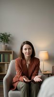 Professional middle-aged Caucasian businesswoman in rust blazer sitting confidently in modern office chair during consultation meeting.