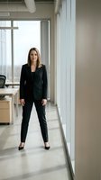 Confident Caucasian businesswoman in black suit standing in modern office corridor, projecting leadership and professional authority.