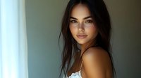 Young woman with long dark hair and olive complexion wearing white sleeveless top, looking over shoulder in studio setting with soft natural lighting for portrait and beauty content.