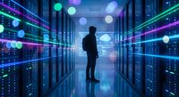 Silhouette of businessman walking through futuristic data center corridor with glowing server racks and digital network connections in blue purple neon lighting.