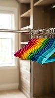 Colorful rainbow hangers arranged on chrome closet rod in modern walk-in wardrobe with wooden shelving and natural light for home organization.