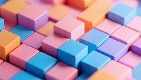 Colorful geometric cubes in pastel pink, orange and blue arranged in rows creating abstract pattern background with soft shadows and modern minimal design.