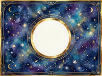 Mystical celestial frame with golden border featuring cosmic galaxy background, stars, moons and nebula clouds surrounding blank white circle space.