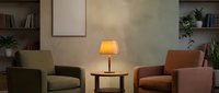 Cozy modern living room interior with warm lighting, comfortable armchairs, wooden side table, lamp, bookshelves and plants for home decor design.