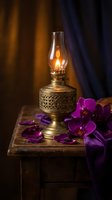 Vintage brass oil lamp with glowing flame surrounded by purple orchid flowers on wooden table creating warm atmospheric lighting for home decor.