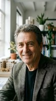 Mature man with gray hair and facial hair wearing gray blazer over black shirt, smiling in bright home office with plants and shelving.