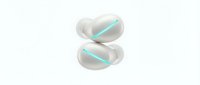 Pair of white wireless earbuds with turquoise accents, isolated on white background, ready for product design, marketing materials, and tech packaging applications.