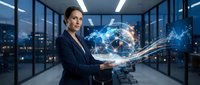 Young Caucasian businesswoman in suit holding glowing global network hologram in modern office, representing digital connectivity and technology innovation.