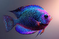 Vibrant tropical fish with iridescent blue spotted scales and purple-pink highlights swimming against gradient background, showcasing detailed aquatic life patterns.